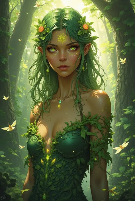 A captivating portrait of a forest nymph with radiant emerald-green eyes and hair resembling cascading ivy, adorned with tiny, luminescent flowers that emit a soft glow. Her skin is a warm, earthy bronze, decorated with delicate swirling patterns that rese...