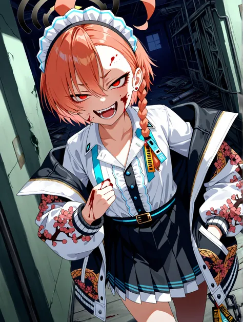 (safe:1.10), best quality, masterpiece, highres, solo, (neru_bluearchive:1.10), neru mikamo, halo, red hair, short hair, single braid, print jacket, Collared shirt, Long sleeves, Pleated skirt,  maid headdress,
walking, crazy eyes, evil smile, open mouth, ...