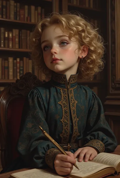 an ordinary old little  in the 1700s era. curly blonde hair, blue eyes. she's not beautiful. she is a simple magic. similar to nicholas coughan. She have outfit for a Girl dress in the renaissance, as she writing in her book. Her room is a old Library them...