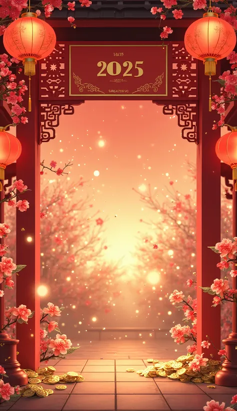 Create an ultra-high-definition festive artwork celebrating the 2025 Chinese New Year. The image should be vibrant, joyful, and filled with authentic Chinese New Year elements such as firecrackers, lanterns, couplets, plum blossoms, and gold coins. Avoid i...