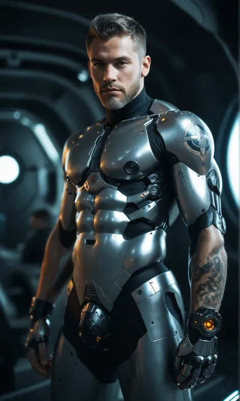 score_9, score_8_up, score_7_up, score_6_up, dark theme, sci-fi, cyborg, male, commando, muscular, tattoos, gray beard, mecha pilot suit, standing, looking at viewer, space, rim lighting, depth of field, bokeh