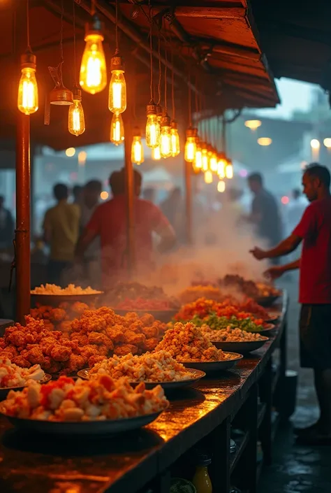 a bustling street food stall in sri lanka , fresh and savory delicacies, vibrant colors, enticing aromas, dynamic crowd, lively atmosphere, street vendor, assorted street food, sizzling cooking, mouthwatering textures, atmospheric lighting, gritty urban se...