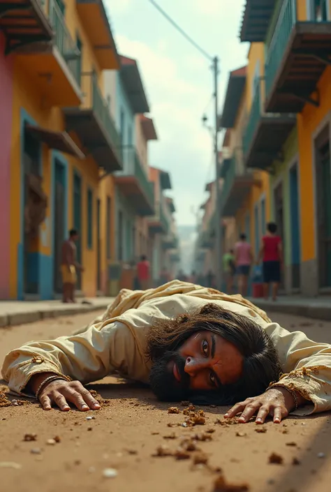  An ultra-realistic representation of Jesus lying on the ground covered in dirt and garbage ,  in the heart of a vibrant city Latin American . His body is slightly twisted ,  lens but with your face completely facing forward and towards the camera, your op...