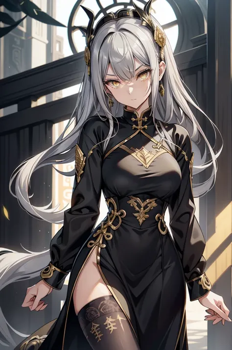 Sharp Eye,  yellow eyes,  extremely elaborate eyes ,  close-up eyes , chinese dress,  Leg Slit Dress ,  pantyhose,  Black clothes  , Black and silver hair, Eyes of thunder , Shining Eyes,  hair fluttering in the wind, Shining Eyes, darkroom,  Eyes Focus 