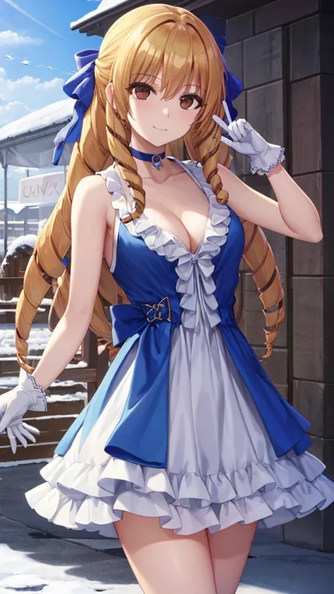 luviagelitaedelfelt, luviagelita edelfelt, long hair, (brown eyes:1.5), hair bow, blonde hair, drill hair, smile,
BREAK gloves, dress, cleavage, frills, choker, white gloves, blue dress,
BREAK outdoors, snow,
BREAK looking at viewer, (cowboy shot:1.5), dyn...