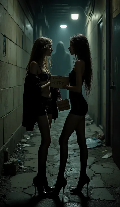 A realistic cinematic depiction of two beautiful young skinny aorexic women, aged 17 to 19, standing together on a deserted dark Back alley at night, the back alley are full ov trash and trashcans, (One of the girls is holding an hand whitten paper sign Te...