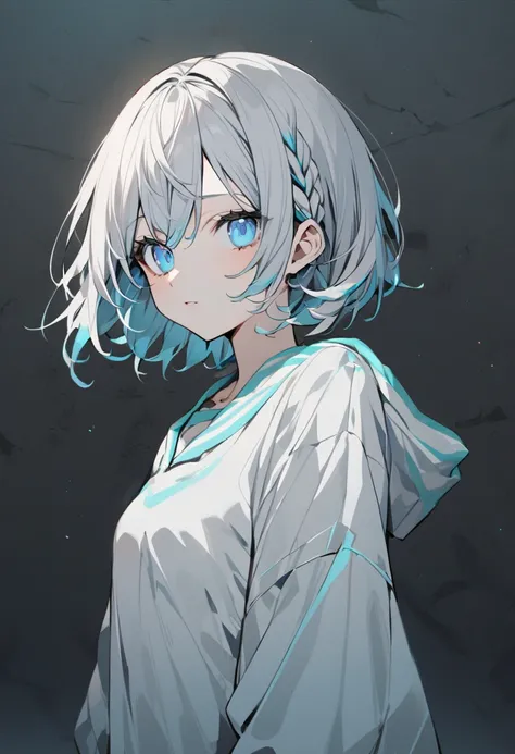  1 girl、(  medium short hair、 short braided hair),  Light blue eyes,  light gray hair and 、The tips are light blue, 、 the inside color is light ,
