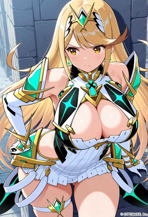 high resolution picture, masterpiece, best quality, amazing quality, official art, solo, 1girl,  Mythra from Xenoblade Chronicles 2, 1girl, mthrdef, yellow eyes, blonde hair, long hair, tiara, earrings, chest jewel, large breasts, cleavage cutout, cleavage...