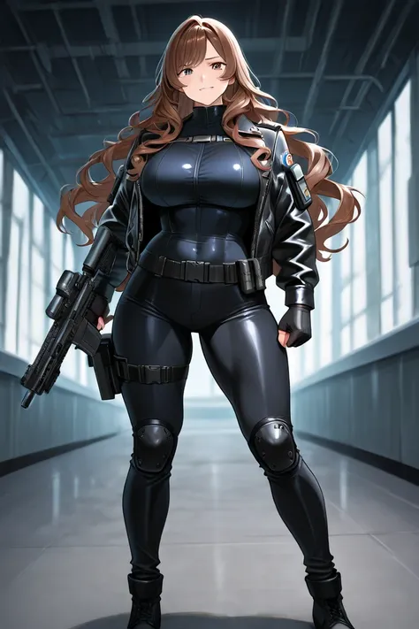 I need a medium height woman with large breasts chubby and thick and long flowing wavy brunette hair, scenario is sci-fi trade ship. She will have a strong toned body and a strong jaw line with a full face. A black leather jacket with special operations ta...