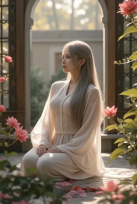  ancient style, Spring Garden, Outdoors, Gray Hair, Hanfu, nature, There's a pond in the courtyard , Begonia floating in a pond,  girl sitting on a bench in the hallway ,  is wearing a clear feather robe, ,  random positions,  complicated details,  best qu...