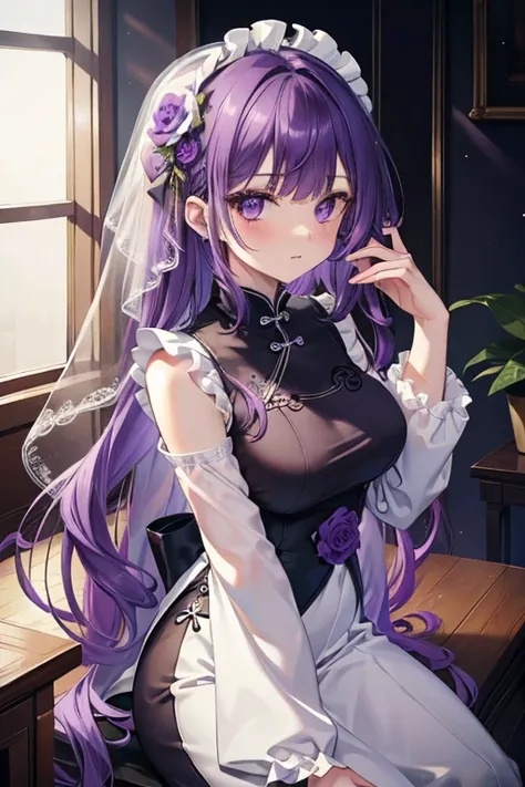 ( limited palette),  best quality, (((masterpiece))), (((  beautiful detail hair))), ((( stand up ))), Alone,   , Young, On, ((( purple hair))), 紫色の目, ( mascara), blunt bangs, (( 目Onの髪 )),  long hair,  medium boobs,  white dress with frills , White frills,...