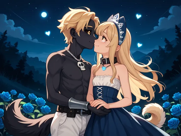 Fantasy, expressive eyes, perfect Anatomy, perfect hands, 1boy, 1girl, ( young, monster boy, soft skin, black wolf ear, black fuffy tail, black dog paws, black skin:0.7, sad crying face, black long hair, glowing blue, flat_chest, black sclera, light_blue_e...