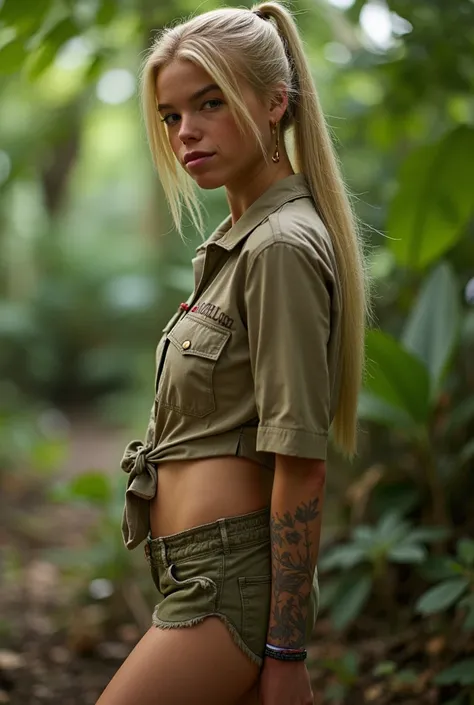 Milly Alcock,blonde ponytail,midriff tied explorer's shirt,demin short shorts,exploring a tropical jungle,potrait