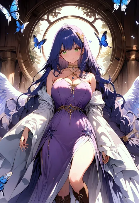 (masterpiece),(best quality),(ultra-detailed),(best illustration),(best shadow),(detailed background), 1girl, solo, green-eyes, long-hair, ((blue-hair)), smile, dress, knee-boots, low-tied-long-hair, breasts, purple-dress, simple-background, looking-at-vie...