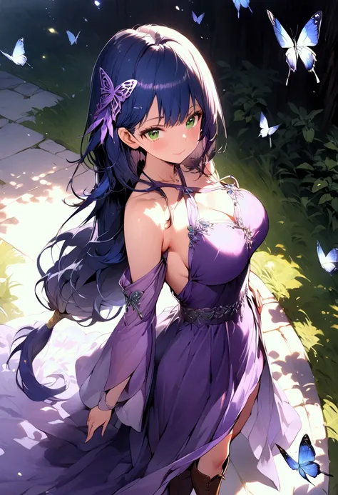 (masterpiece),(best quality),(ultra-detailed),(best illustration),(best shadow),(detailed background), 1girl, solo, green-eyes, long-hair, ((blue-hair)), smile, dress, knee-boots, low-tied-long-hair, breasts, purple-dress, simple-background, looking-at-vie...