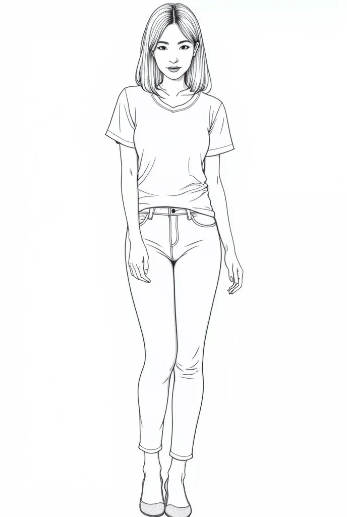  Line Art、woman、 T Shirt and Jeans 、whole body