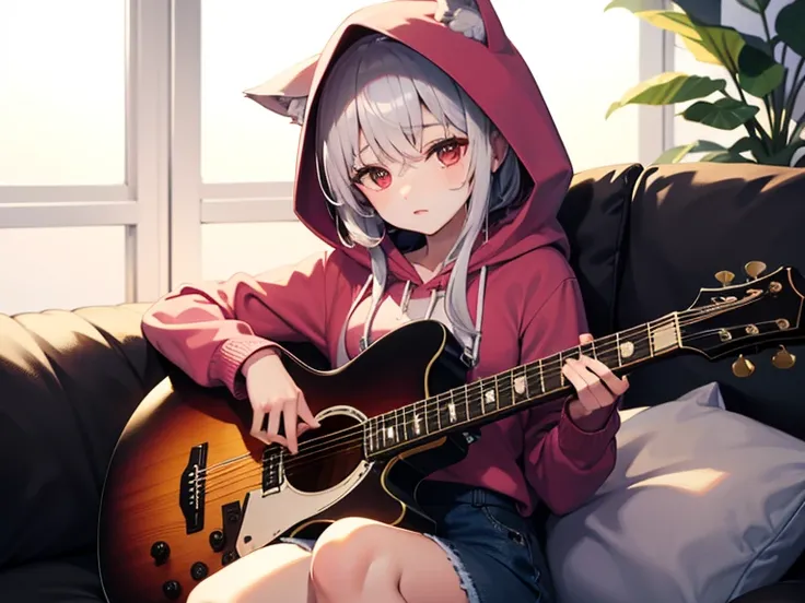  wolf girl。 Silver Hair。 red eyes。Sleepy face。Wear a pink hood。Asahi。On the sofa。guitar