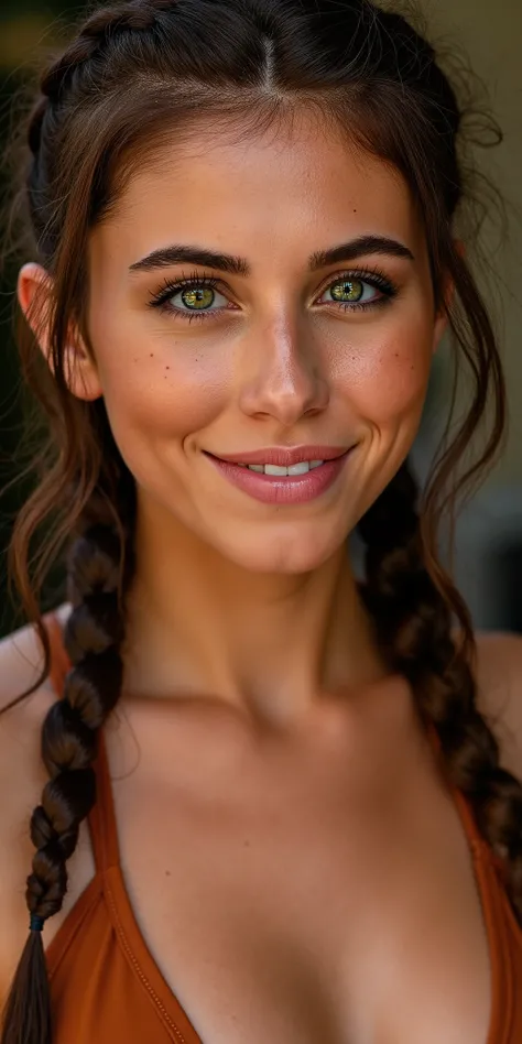 A (((close-up portrait))) of woman with wavy brown hair, green eyes, captured in ultra-realistic 8K resolution using a Canon EOS R5 with a 50mm f/1.2 lens. Her face is sharply detailed, smiling, with smooth skin textures, defined facial features, and a pie...