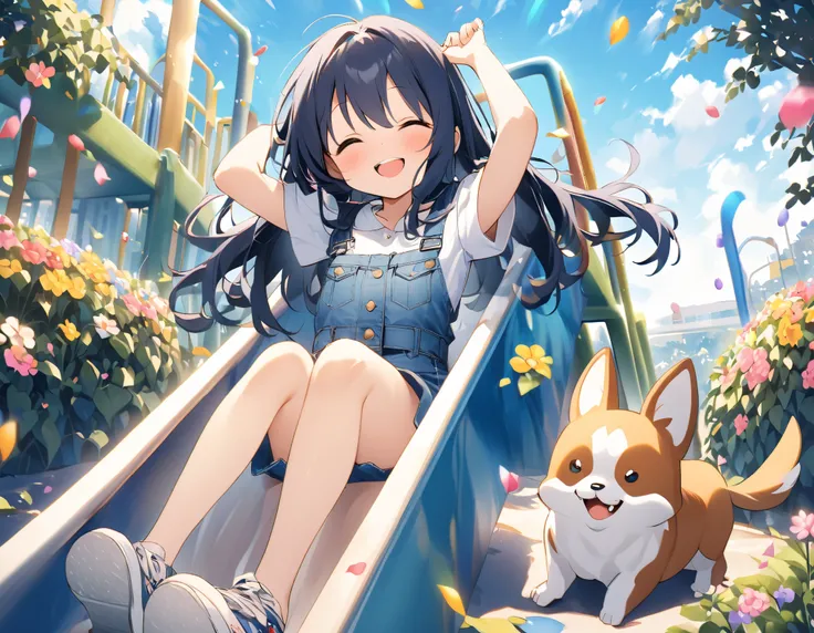 girl love playing on the slide.  light blue long hair、 twin-tailed little characters 、Denim jumpsuit、 they are smiling and playing on the park's long slide、blue sky、A lot of s are playing 、 A park full of flowers 、The dogs are playing too 