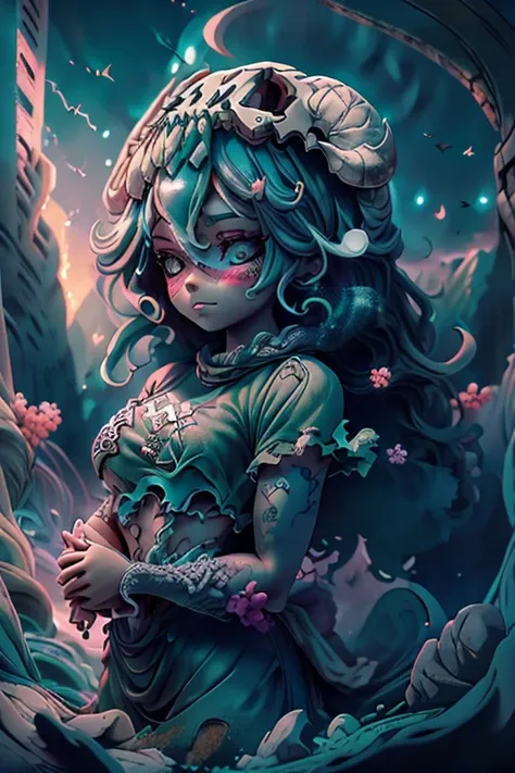 Intricate details, Odel Schwanck's masterpiece:1.2, green hair, skull, torn clothes, underboob, skirt, fantasy00d, vibrant colors, ethereal lighting,hand behind head