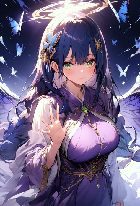 (masterpiece),(best quality),(ultra-detailed),(best illustration),(best shadow),(detailed background), 1girl, solo, green-eyes, long-hair, ((blue-hair)), smile, dress, knee-boots, low-tied-long-hair, breasts, purple-dress, simple-background, looking-at-vie...