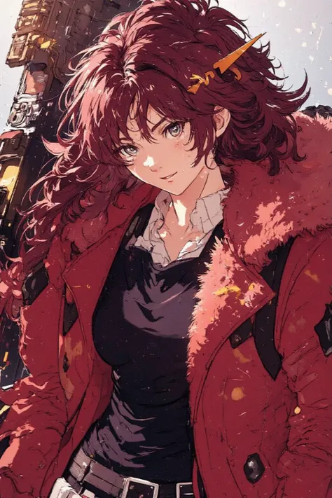 Girl with a neutral appearance ,  dark red long curly hair, Hair turned to the right, Blue eyes, Freckles around the eyes, A fluffy red coat over a black sweater, Gundam's yellow V-shaped blade antenna on the forehead