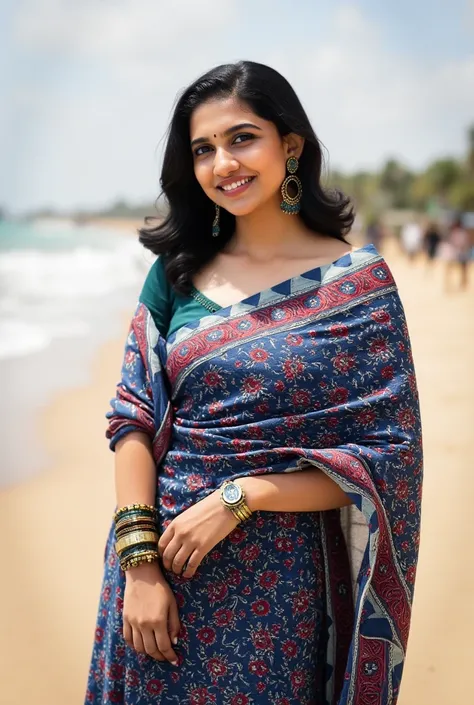 Tamil girl, 20 year old, (ultra detailed:1.6 face, eyes, nose, ears, lips, curves, skin, body parts), (eyes symmetry, face symmetry, round deep navel), (wearing:1.6 embroidered blue sleevless choli, embroidered blue toe length skirt), walking in the beach,...