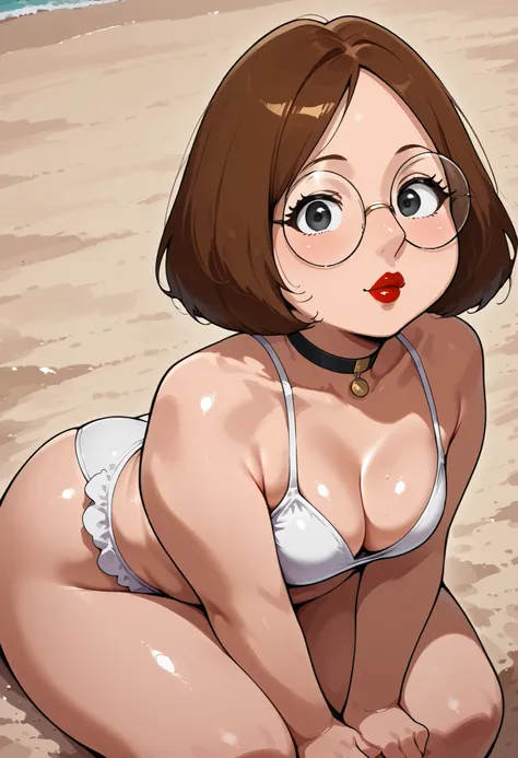 score_9, score_8_up, 1girl, solo, meg, brown hair, black eyes, pawg, looking at viewer, red lips, round glasses, choker.  choker. swimsuit. beach. sitting