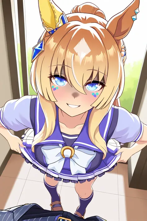 verxina (umamusume), Anime girl (ethnicity:1.2), (age:1.1),  with short blonde hair (detailed hair:1.2), wearing a school uniform (detailed clothing:1.2),  with a pinstriped skirt and jacket, (accessories:1.1).  Smiling expression (expression:1.2),  with l...