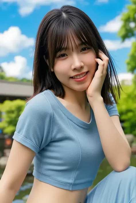 ( best quality,masterpiece:1.3, super high resolution),( very detailed, caustics,8k), ( photorealistic:1.4, RAW shooting), blue sky, Japanese  garden, Japanese ,20 years old,smile,Black hair Middle hair,(blue short sleeve top), big breasted ,( long skirt),...