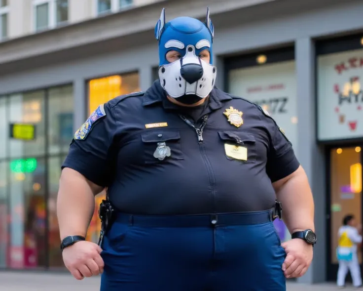  A gigantic young man wearing a puppy mask with blue and white puppy ears, He is fatter ,  with a swollen belly ,  wide hips ,  fat legs and arms , in police uniform, with a fat butt.