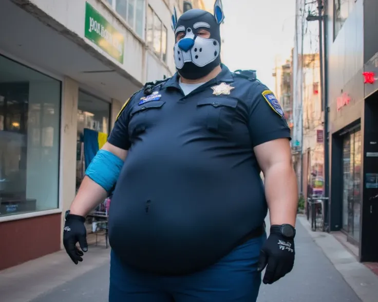  A gigantic young man wearing a puppy mask with blue and white puppy ears, He is fatter ,  with a swollen belly ,  wide hips ,  fat legs and arms , in police uniform, with a fat butt.