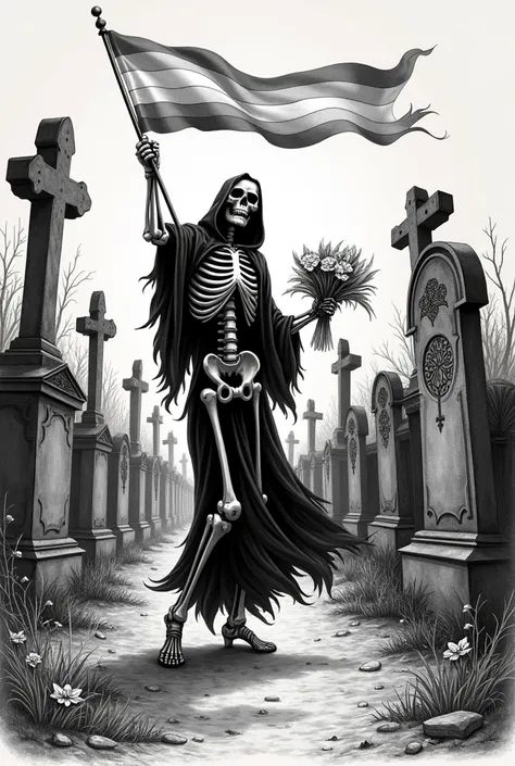 Medieval black and white engraving of death dancing among the graves of a cemetery,  in his left hand a large LGBTQ flag+ ( in colors ) and in his right hand a bouquet of flowers .