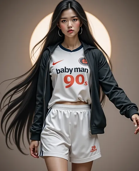  Full image  ,    Southwest Asian girl with a round face   ,Age 25 years,   football sports shirt with a graphic print in dark blue white, "BABYMAN 90s," ,  Wearing expensive colorful sneakers .,  Black Long Hair,  His long hair   , My hair spreads out,   ...