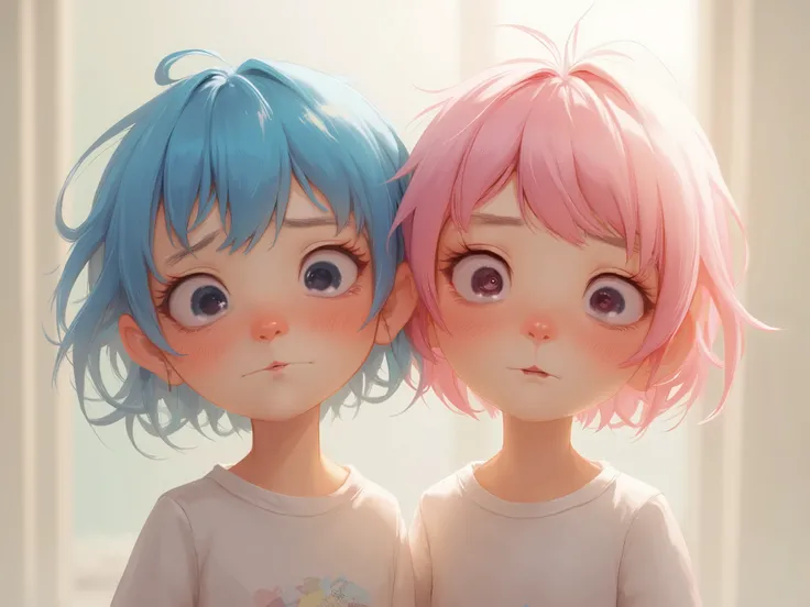 Two twin sisters. A twin with short blue hair and the other short pink hair. both with 1, 58 meters high 