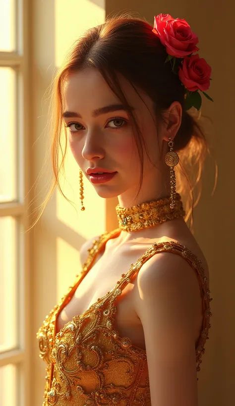 eloquent fashion renders by julian, in the style of ilya kuvshinov, golden light, exotic realism, dan mumford, smooth and shiny, xiaofei yue, ferrania p30::3 , two skinny slim girls in a golden skintight suits is posing in a light room, beautiful Golden...