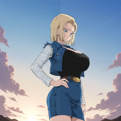 {{{android 18,dragon ball z}}},{{{style: iwao178,urakan}}},{{{cel shading,official art,masterpiece, best quality}}},{{{sidelighting,close-up,{{{from side,from below,foreshortening}}},back,faceless}}}, {{{mature woman,1girl,solo,huge breasts,narrow waist}}}...