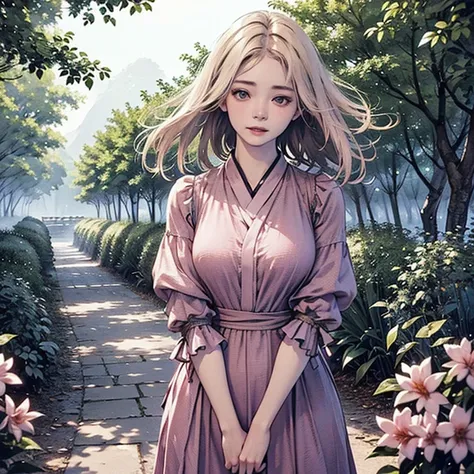 ((  best quality )), ((傑  best quality 、masterpiece、High sensitivity、  high resolution、  detailed depiction  、  ran into an issue)) Slender Woman、glass、Blossoming Forest Path 、 depicting a delicate face 、 hair color pink、