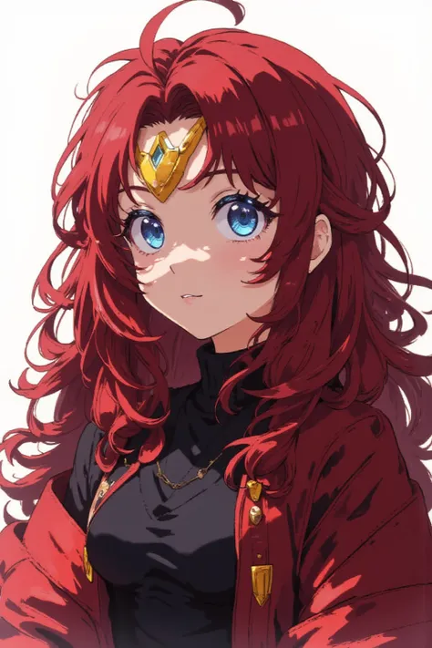 Girl with a neutral appearance ,  dark red long curly hair, Hair turned to the right, Blue eyes, Freckles around the eyes, A fluffy red coat over a black sweater, Gundam's yellow V-shaped blade antenna on the forehead