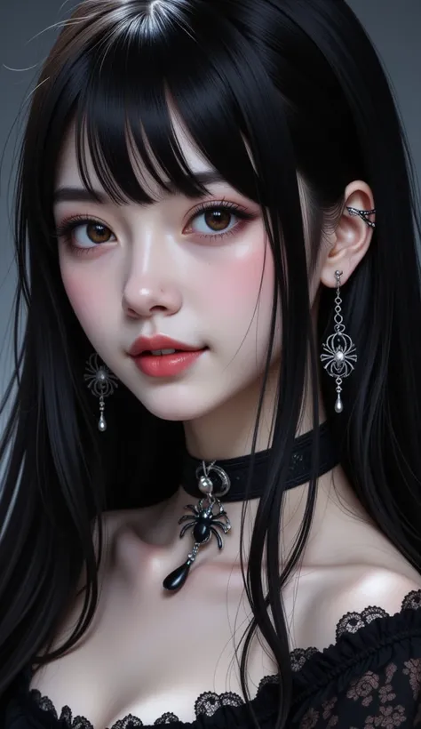 An anime-style close-up portrait of a 22-year-old woman with porcelain-white skin and jet-black hair styled with straight bangs and long, flowing locks cascading over her shoulders. She has large, expressive dark eyes, a gothic choker with a cat figure int...