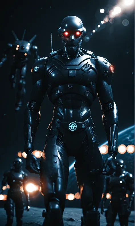 score_9, score_8_up, score_7_up, score_6_up, dark theme, sci-fi, cyborg, Bimbo, commando, muscular, tattoos, , mecha pilot suit, standing, looking at viewer, space, rim lighting, depth of field, bokeh