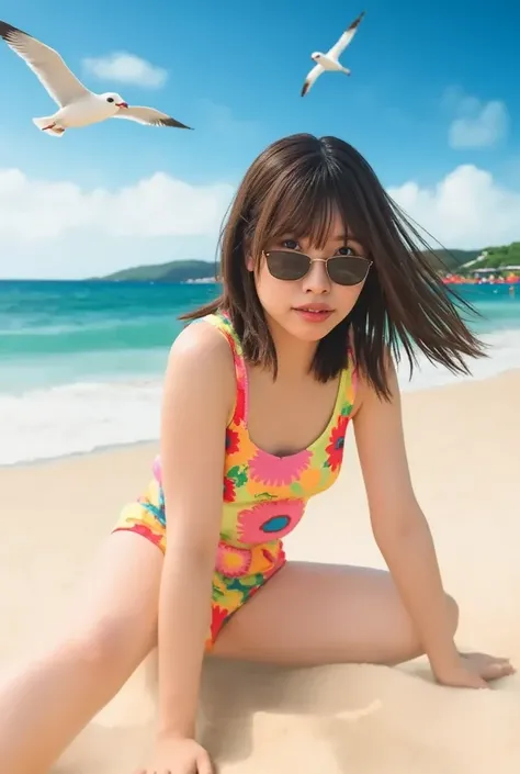  playing at the seaside,girl in summer swimsuit and sunglasses 