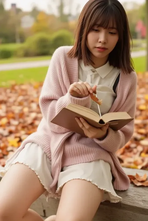 Girl reading a book amidst autumn leaves, Wears a sweater