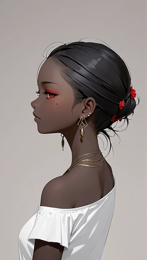 in style of Ashley Wood,(in style of by Liu Ye:0.5),
1girl,anime girls,(roruri:1.4),(red eyes:1.3),(half-closed eyes:1.5),(squinting:1.5),(mole under eye:1.8),black skin,ear piercing, (prehensile_hair:1.3),white off-the-shoulder t-shirt,head tilt,from_back...