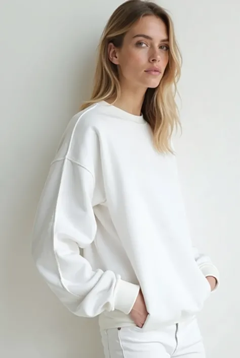 " A person wearing a white sweatshirt , with model style ,  positioned next to a white wall .  The scene presents a minimalist style ,  with soft lighting that highlights the texture of the sweatshirt and the neutral tone of the background.  The person's p...