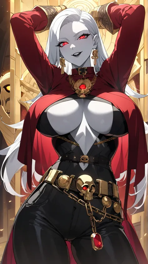 Woman,Tall, Pale Skin, big Breasts, Busty, slim skinny, White Skin, white Hair, long Hair, slicked back Hair, red eyes, glowing Eyes, black lips, parted lips, grinning.

gold amulet, chained amulet, ruby amulet. Buttoned Shirt, Velvet Shirt, Black Shirt, R...