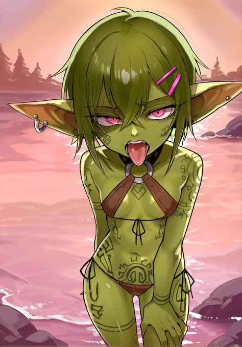 1girl, solo, Goblin Girl, green skin, beautiful face, open mouth, tongue out, body glare, pretty eyes, piercings, body paint, runic tattoos, skimpy adventurer outfit, standing on the shore, medieval fantasy campsite, lakeside,