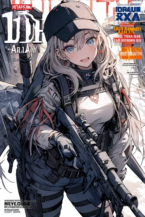 (best quality ), a girl have one rifle with her hand , Platinum color hair , The dreamer wants purplish blue eyes , medium , Lori will do it, (masterpiece:1.2, best quality ), (Beautiful detailed depiction : 1.2), ( beautiful detailed face ), ( small Breas...