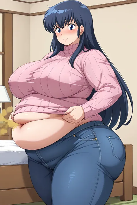  kyoko otonashi, long hair、紺色の髪、Dark blue eyes、 pink sweater 、 turtleneck,Blue jeans ,Sloppy belly fat,  bloated belly, huge breasts,((Woman farting,fart from ass)),bedroom, troubled expression, embarrassed expression ,blush,milf,Severe obesity, score_9,  ...