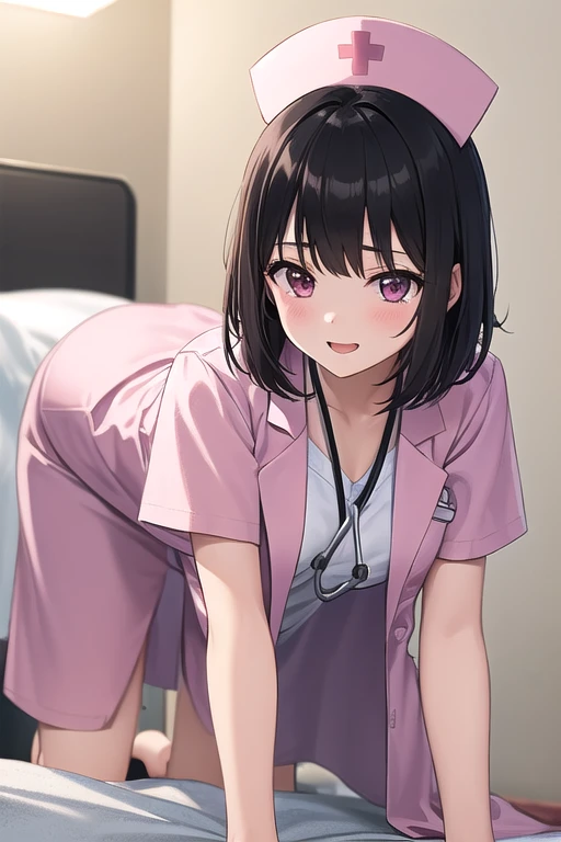 ((best quality)), ((masterpiece)), (detailed), 1girl 。 black hair short hair。 split bangs。  NURSE CAP。  Nurse。Pink lab coat。 Happy。 holding medical records 。 Hospital Bed。 on all fours。 pose 